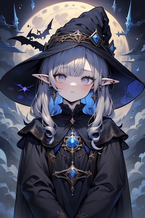 dark hair with blue tones, black witch clothes, moon earrings, gray eyes, dark circles, sleepy, dream witch, pointy ears, elf,  medium hair.