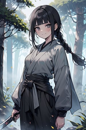 kind woman, black hair, medium hair, hair in braid down to her back, a single braid, dirty clothes, warrior, beast tamer, the killer of gods, black eyes, old clothes, alone, forest, kind smile, innocent, breasts small, tall woman, amazon, samurai, gray kimono jacket ideal for combat, wide pants, happy, friendly, good person, katanas sheathed at her waist, masterpiece, good quality, swords well positioned at her waist, good hands, aquamarine belt.



,hinata(boruto)