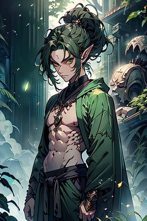 dark green hair, green eyes, hair in ponytail, Buddhist, man, green robe, wide priest's pants, the strongest creature of all, the one sent by God, the shapeshifter, long ears, defined abdomen, masterpiece, face perfect, very good quality, excellent quality, the warrior of the true gods, serious.
