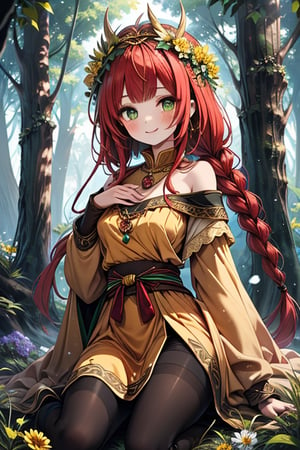 noble woman, princess, red hair, long braid, forest, medium chest, warrior, druid, green eyes, yellow dress,  good quality, masterpiece, hight,black pantyhose,loved by nature, kind face, noble smile, leader,green flower priestess costume,  flower crown.
