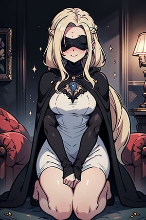 masterpiece, detailed, high quality, absurd, blindfirekeeper, 1girl, alone, blush, medium breasts, curvy, transparent white dress, black cape, black robe like a clairvoyant, guardian of the future, friendly smile, blonde, long hair, living room astrology, kneeling, black blindfold covers her eyes.


,blindfirekeeper