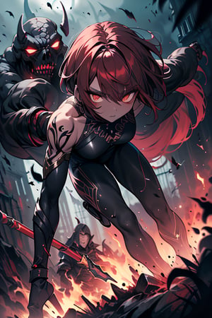 The queen of the abyss, formidable warrior, dark red hair, short hair, black combat lycra close to the body, white eyes, the fastest woman in the world, tall, powerful, red spear, masterpiece, good quality, Excellent quality, good resolution. Penetrating, expressive eyes and an athletic, powerful figure that reflects her combat prowess,  pure darkness, alone, she is the darkness, the night, no light is seen, dark room,skin gray as ash,dark skin.