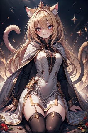 blonde, golden eyes, scholar, golden sorceress robe, queen's crown, long black stockings, smile, cat ears, 1 cat tail, nekomata, arrogant, narcissite, the most intelligent woman in the world, bearer of the eyes of knowledge , the genius of combat, laughter, masterpiece, good quality, excellent quality, AIR_BETWEEN_EYES, golden eyes, the fairy of pride, long hair, perfect face, bright pupils, (beautiful finely detailed eyes), metal dress, indomitable warrior, king's white cape, infinite swords.
