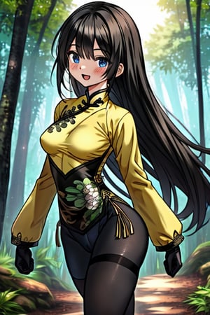 black hair, blue eyes, yellow qipao with black edges, friendly face, black pantyhouse, killer, happy smile, punches, in the forest at night, masterpiece, detailed, high quality, absurd, the strongest human of all, bearer of the hope of the world, long hair, long sleeves, masterpiece, excellent quality, excellent quality, perfect face, small breasts, black gloves, black lycra,.

