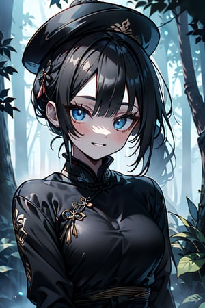 black hair, blue eyes, yellow qipao with black edges, French black hat, friendly face, black pantyhouse, killer, happy smile, bangs, in the forest at night, masterpiece, detailed, high quality, absurd, the strongest human of all, bearer of the hope of the world, hair in a ponytail, long sleeves, masterpiece, excellent quality, excellent quality, perfect face.
