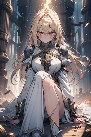 blonde, golden eyes, angry look, long hair, desert knight, hates magic, candys a long elegant white tunic, armor on her hands, legs and arms, gray and white dress, appearance of a warrior, strong woman, scars all over the body, golden eyes, perfect face, very good quality, masterpiece, excellent quality.
