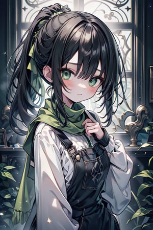 She is a woman of immeasurable beauty, black hair, long hair, green scarf, teenager, green eyes, gesticulated look, happy, egocentric, beautiful clothes, a masterpiece, detailed, high quality, very high resolution, peasant clothes , perfect face, poor, overalls, masterpiece, good quality, excellent quality, hair in a Two ponytail, headscarflittle girl, loli, young girl

