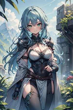 Woman with light blue hair, big, tall, the strongest warrior in the world, plate armor, cold jacket, pantyhouse, bracers, chest, green eyes, friendly, free spirit, religious, valley of plants, no bangs, long hair , charming smile, a wonderful person, medium breasts, long stockings, long pants, long robe
