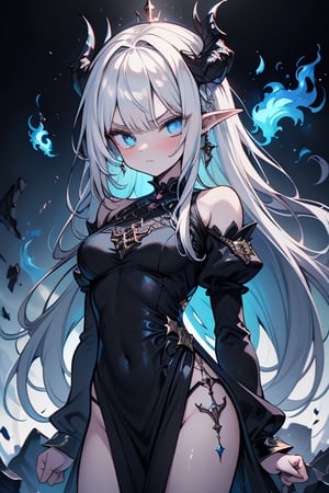 white hair, deep blue eyes, aura of dark power, the most powerful being in the world, queen of darkness, lost look, pointed ears, black dress with blue borders, killer of gods, the one who I finished with Lucifer, incarnation of the dragon gods, masterpiece, very good quality, excellent quality, perfect face,small breasts, serious and arrogant face, quiet, kuudere, eyes with blue flames, looking down, as if she were on top of the world.

