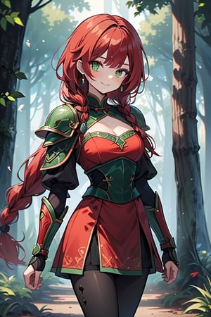 noble woman, princess, red hair, long braid, green armor covering her body, forest, medium chest, warrior, druid, green eyes, red dress, medium combat skirt, good quality, masterpiece, hight,black pantyhose,loved by nature, kind face, noble smile, leader.