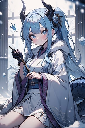 light blue hair, blue eyes, dragon horns, sorceress, magician's tunic, snow coat, smiling, mischievous, capricious, spoiled, pampered, white kimono, gadget sorceress, long hair up, long white skirt, good quality , masterpiece, excellent quality, perfect face, dragon tail.
