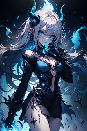 blue hair, deep blue eyes, aura of dark power, the primordial of the underworld, goddess of flames, sadistic, pointed ears, blue dress with white edges, right hand of lucifer, primordial goddess, masterpiece, very good quality, excellent quality , perfect face, small breasts, evil smile, egocentric, eyes with blue flames, horns, long sleeve, miniskirt, gothic, very long hair, emanates the power of destruction, adult, clothes burning with blue fire

