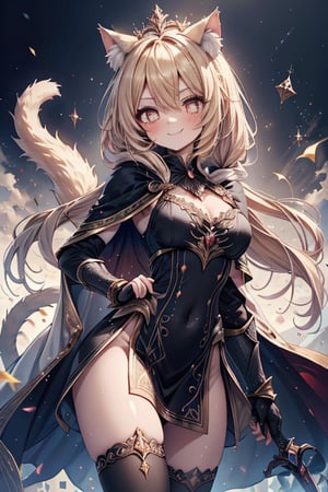 blonde, golden eyes, scholar, golden sorceress robe, queen's crown, long black stockings, smile, cat ears, 1 cat tail, nekomata, arrogant, narcissite, the most intelligent woman in the world, bearer of the eyes of knowledge , the genius of combat, laughter, masterpiece, good quality, excellent quality, AIR_BETWEEN_EYES, golden eyes, the fairy of pride, long hair, perfect face, bright pupils, (beautiful finely detailed eyes), metal dress, indomitable warrior, king's white cape, infinite swords.
