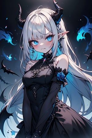 white hair, deep blue eyes, aura of dark power, the most powerful being in the world, queen of darkness, lost look, pointed ears, black dress with blue edges, killer of gods, the one who killed Lucifer, incarnation of the gods dragons, masterpiece, very good quality, excellent quality, perfect face, small breasts, serious face, dazed, calm, kuudere, eyes with blue flames, looking down, as if on top of the world, horns, vampire fangs . , fake goddess, bare shoulders, long skirt, gothic, Mullet Bangs, staring, sad expression, blue roses in her hair and her dress.

