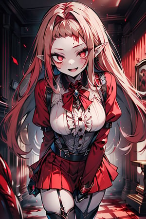 an arrogant woman, blonde, cold-blooded murderer, the final enemy of this world, medium breasts, pointed ears, vampire, eyes red like blood, smiling mischievously, red bowtie scarf, red suit with skirt with black borders, black crosses on his forehead, very pale skin, high_resolution, best quality, extremely detailed, HD, 8K, 1 girl, solo, sexy_figure, hot, 170 cm, tall_girl, LONG HAIR, DIAMOND THROAT, BLACK ASCOT, SEPARATED NECK, CENTER Ruffles, RED DRESS, RED SEPARATED SLEEVES, RED BELT, SKIRT WHITE, RED THIGH BOOTS, RED SUSPENDERS