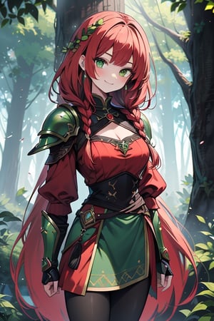 noble woman, princess, red hair, long braid, green armor covering her body, forest, medium chest, warrior, druid, green eyes, red dress, medium combat skirt, good quality, masterpiece, hight,black pantyhose,loved by nature, kind face, noble smile, leader.