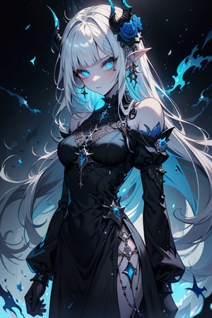 white hair, deep blue eyes, aura of dark power, the most powerful being in the world, queen of darkness, lost look, pointed ears, black dress with blue edges, killer of gods, the one who killed Lucifer, incarnation of the gods dragons, masterpiece, very good quality, excellent quality, perfect face, small breasts, serious face, dazed, calm, kuudere, eyes with blue flames, looking down, as if on top of the world, horns, fake goddess, bare shoulders, long skirt, gothic, Mullet Bangs, staring, sad expression, blue roses in her hair and her dress,emanates the power of chaos within her,black sclera.
