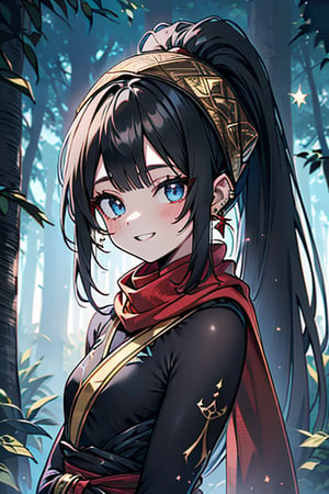 black hair, blue eyes, yellow Kimono
 outfit with black edges, a red scarf with gold stripes, the edges have small golden touches, friendly face, a black spandex that covers her entire body, headscarf, killer, happy smile , bangs, in the forest at night, masterpiece, star earrings, detailed, high quality, absurd, the strongest human of all, bringer of the world's hope, hair in ponytail,black lycra, masterpiece, excellent quality, excellent quality, perfect face.

