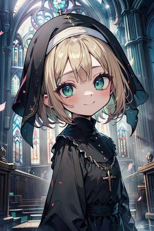 woman of extreme beauty, innocent, nun, loli, small body, green eyes, blonde hair, short hair, kind, bright smile, perfect face (beautiful finely detailed eyes), masterpiece, very good quality, excellent quality, church.
