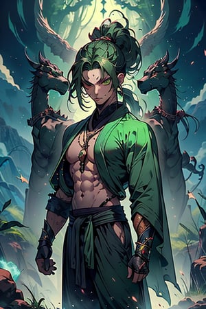 dark green hair, green eyes, hair in a ponytail, Buddhist, man, green robe, wide priest's pants, the strongest creature of all, the one sent by God, the shapeshifter, defined abdomen, masterpiece, perfect face, very good Quality, excellent quality, the warrior of the true gods, serious, warrior, monk
