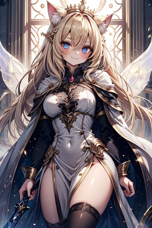 blonde, golden eyes, scholar, golden sorceress robe, queen's crown, long black stockings, smile, cat ears, 1 cat tail, nekomata, arrogant, narcissite, the most intelligent woman in the world, bearer of the eyes of knowledge , the genius of combat, laughter, masterpiece, good quality, excellent quality, AIR_BETWEEN_EYES, golden eyes, the fairy of pride, long hair, perfect face, bright pupils, (beautiful finely detailed eyes), metal dress, indomitable warrior, king's white cape, infinite swords.
