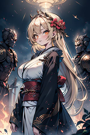 Blonde, long hair, golden eyes, asshole, man, strong, friendly, antisocial, long black kimono, silly, warrior, perfect face, good quality, excellent quality, masterpiece, trap, big breasts

