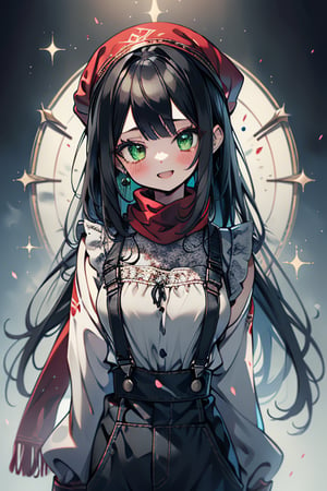 She is a woman of immeasurable beauty, black hair, long hair, red scarf on her head, preteen, girl, 13 years old, green eyes, gesticulated look, happy, egocentric, beautiful clothes, medium breasts, a masterpiece, detailed, high quality, very high resolution , peasant clothes, perfect face, poor, overalls, masterpiece, good quality, excellent quality.
