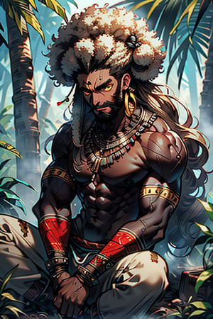 giant, muscular, ugly face, curly hair, black skin, Latin American, tribal clothing, Mayan clothing, bone necklace, dark skin, tan, man, male, thick, golden eyes, yellow eyes, homeless, unfortunate, long beard dirty, skinny, malnourished, haggard face, crazy, curly hair, jungle, tribal, aztec, afro



