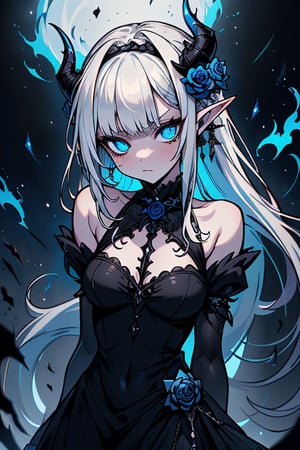 white hair, deep blue eyes, aura of dark power, the most powerful being in the world, queen of darkness, lost look, pointed ears, black dress with blue edges, killer of gods, the one who killed Lucifer, incarnation of the gods dragons, masterpiece, very good quality, excellent quality, perfect face, small breasts, serious face, dazed, calm, kuudere, eyes with blue flames, looking down, as if on top of the world, horns, fake goddess, bare shoulders, long skirt, gothic, Mullet Bangs, staring, sad expression, blue roses in her hair and her dress,emanates the power of chaos within her,black sclera.
