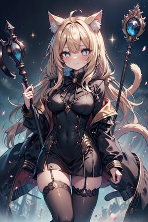 blonde, golden eyes, scholar, black jacket, elegant white, long golden stockings, confident smile, cat ears, 1 cat tail, nekomata, arrogant, narcissite, the most intelligent woman in the world, bearer of the eyes of knowledge, the combat genius, laughter, masterpiece, good quality, excellent quality, AIR_BETWEEN_EYES, STAFF, golden eyes, the pride fairy, long hair, perfect face, bright pupils (finely detailed). beautiful eyes,
