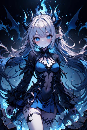 blue hair, deep blue eyes, aura of dark power, the primordial of the underworld, goddess of flames, sadistic, pointed ears, blue dress with white edges, right hand of lucifer, primordial goddess, masterpiece, very good quality, excellent quality , perfect face, small breasts, evil smile, egocentric, eyes with blue flames, horns, long sleeve, miniskirt, gothic, very long hair, emanates the power of destruction, adult, clothes burning with blue fire

