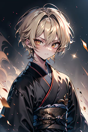 Blonde, short hair, golden eyes, asshole, man, strong, friendly, antisocial, long black kimono, silly, warrior, perfect face, good quality, excellent quality, masterpiece,
