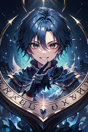 Man, dark blue hair, blue magician tunica, wide pants, friendly face, comedian, black gloves, happy smile, masterpiece, detailed, high quality, absurd, killer, prediction magician, very short hair, masterpiece, excellent quality , excellent quality, perfect face.



