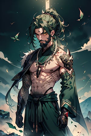 dark green hair, green eyes, hair in a ponytail, Buddhist, man, green robe, wide priest's pants, the strongest creature of all, the one sent by God, the shapeshifter, defined abdomen, masterpiece, perfect face, very good Quality, excellent quality, the warrior of the true gods, serious, monk,1boy, beard



