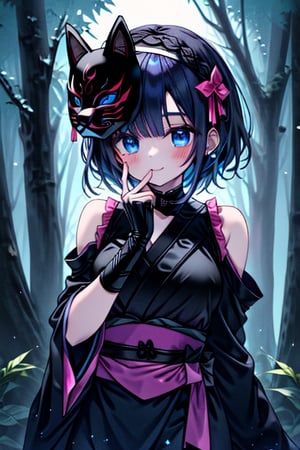 dark blue hair, blue eyes, pink kimono outfit with black edges, friendly face, a black spandex that covers his entire body, headscarf, killer, happy smile, bangs, in the forest at night, masterpiece, detailed, high quality, absurd, the strongest human of all, bringer of the world's hope, short hair, black lycra, black pantyhouse, masterpiece, excellent quality, excellent quality, perfect face, medium breasts,mask on hand, (fox mask, mask on the hand, put on mask),ribbon with bow at the waist, long kimono.

