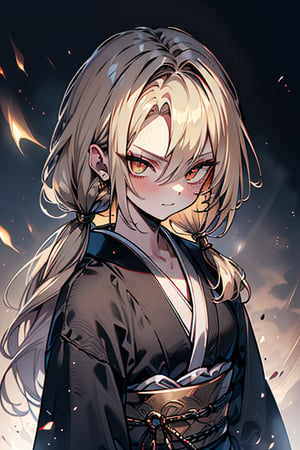 Blonde, long hair, golden eyes, asshole, man, strong, friendly, antisocial, long black kimono, silly, warrior, perfect face, good quality, excellent quality, masterpiece,
