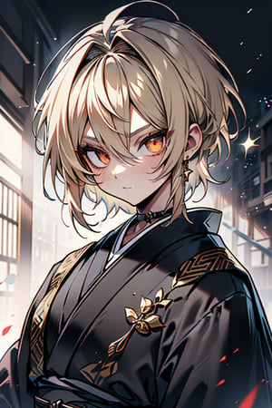 Blonde, short hair, golden eyes, asshole, man, strong, friendly, antisocial, long black kimono, silly, warrior, perfect face, good quality, excellent quality, masterpiece,
