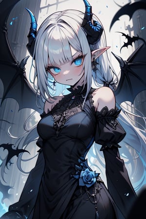 white hair, deep blue eyes, aura of dark power, the most powerful being in the world, queen of darkness, lost look, pointed ears, black dress with blue edges, killer of gods, the one who killed Lucifer, incarnation of the gods dragons, masterpiece, very good quality, excellent quality, perfect face, small breasts, serious face, dazed, calm, kuudere, eyes with blue flames, looking down, as if on top of the world, horns, vampire fangs, fake goddess, bare shoulders, long skirt, gothic, Mullet Bangs, staring, sad expression, blue roses in her hair and her dress.

