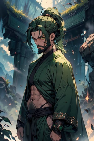 dark green hair, green eyes, hair in a ponytail, Buddhist, man, green robe, wide priest's pants, the strongest creature of all, the one sent by God, the shapeshifter, defined abdomen, masterpiece, perfect face, very good Quality, excellent quality, the warrior of the true gods, serious, monk,1boy, beard
