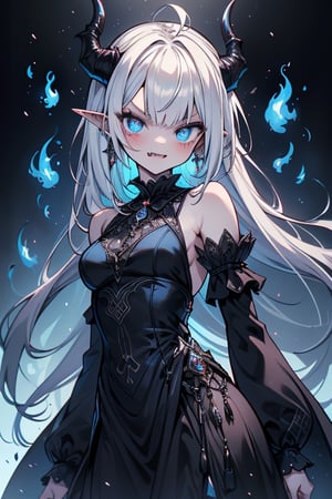 white hair, deep blue eyes, aura of dark power, the most powerful being in the world, queen of darkness, lost look, pointed ears, black dress with blue borders, killer of gods, the one who I finished with Lucifer, incarnation of the dragon gods, masterpiece, very good quality, excellent quality, perfect face,small breasts, serious and arrogant face, quiet, kuudere, eyes with blue flames, looking down, as if she were on top of the world,horns, vampire fangs, fake goddess, bare shoulders, long skirt, gothic.
