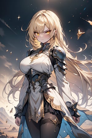 blonde, golden eyes, angry look, long hair, desert knight, hates magic, candys a long elegant white tunic, armor on her hands, legs and arms, gray and white dress, appearance of a warrior, strong woman, scars all over the body, golden eyes, perfect face, very good quality, masterpiece, excellent quality,yellow eyes,blonde hair, black pantyhose
