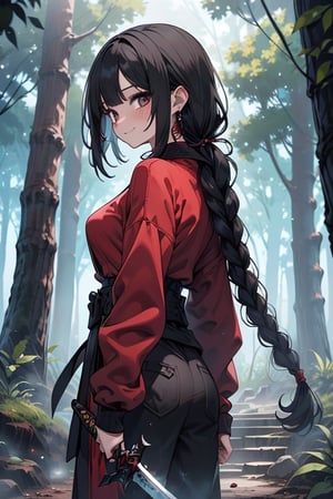 kind woman, black hair, medium hair, hair in a long braid down to the back, dirty clothes, warrior, dual sword wielder, beast tamer, the slayer of gods, black eyes, old clothes, sweatshirt, alone, red armor that covers her breasts, forest, kind smile, innocent, small breasts, tall woman, amazon, samurai.

