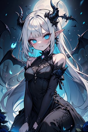 white hair, deep blue eyes, aura of dark power, the most powerful being in the world, queen of darkness, lost look, pointed ears, black dress with blue edges, killer of gods, the one who killed Lucifer, incarnation of the gods dragons, masterpiece, very good quality, excellent quality, perfect face, small breasts, serious face, dazed, calm, kuudere, eyes with blue flames, looking down, as if on top of the world, horns, vampire fangs, fake goddess, bare shoulders, long skirt, gothic, Mullet Bangs, staring, sad expression, blue roses in her hair and her dress,emanates the power of chaos within her.

