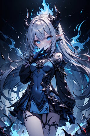 blue hair, deep blue eyes, aura of dark power, the primordial of the underworld, goddess of flames, sadistic, pointed ears, blue dress with white edges, right hand of lucifer, primordial goddess, masterpiece, very good quality, excellent quality , perfect face, small breasts, evil smile, egocentric, eyes with blue flames, horns, long sleeve, miniskirt, gothic, very long hair, emanates the power of destruction, adult, clothes burning with blue fire

