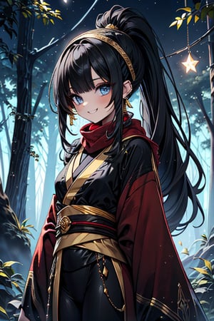 black hair, blue eyes, yellow Kimono
 outfit with black edges, a red scarf with gold stripes, the edges have small golden touches, friendly face, a black spandex that covers her entire body, headscarf, killer, happy smile , bangs, in the forest at night, masterpiece, star earrings, detailed, high quality, absurd, the strongest human of all, bringer of the world's hope, hair in ponytail,black lycra, masterpiece, excellent quality, excellent quality, perfect face.

