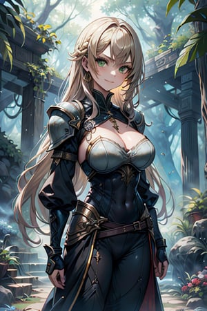 Woman with light blonde hair, big, tall, the strongest warrior in the world, plate armor, cold jacket, pantyhouse, bracers, chest, green eyes, friendly, free spirit, religious, valley of plants, no bangs, long hair , charming smile, a wonderful person, medium breasts, long stockings, long pants, long robe,golden armor, black clothes, groomed hair
