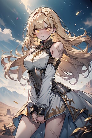 blonde, golden eyes, angry look, long hair, desert knight, hates magic, candys a long elegant white tunic, armor on her hands, legs and arms, gray and white dress, appearance of a warrior, strong woman, scars all over the body, golden eyes, perfect face, very good quality, masterpiece, excellent quality.,yellow eyes,blonde hair