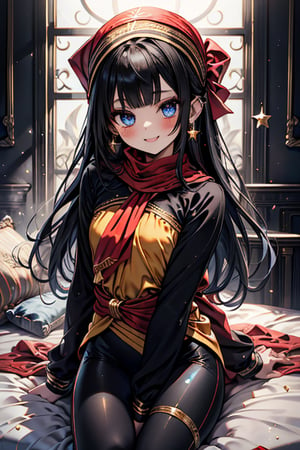 black hair, blue eyes, yellow babydoll with black edges, a red bandana with gold stripes, the edges have small gold touches, friendly face, a black spandex that covers her entire body, headscarf, killer, happy smile, bangs, masterpiece, star earrings, detailed, high quality, absurd, the strongest human of all, bearer of the world's hope, black lycra, masterpiece, excellent quality, excellent quality, perfect face, long hair, sexy pose, bed
