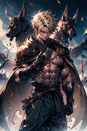 Blonde, short hair, golden eyes, asshole, man, strong, friendly, antisocial, long black kimono, muscular, dumb, warrior, perfect cape, good quality, excellent quality, masterpiece, wide martial arts pants.