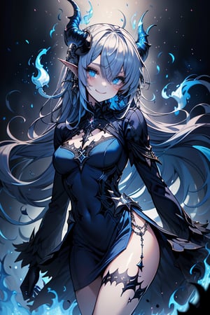 blue hair, deep blue eyes, aura of dark power, the primordial of the underworld, goddess of flames, sadistic, pointed ears, blue dress with white edges, right hand of lucifer, primordial goddess, masterpiece, very good quality, excellent quality , perfect face, small breasts, evil smile, egocentric, eyes with blue flames, horns, long sleeve, miniskirt, gothic, very long hair, emanates the power of destruction, adult, clothes burning with blue fire

